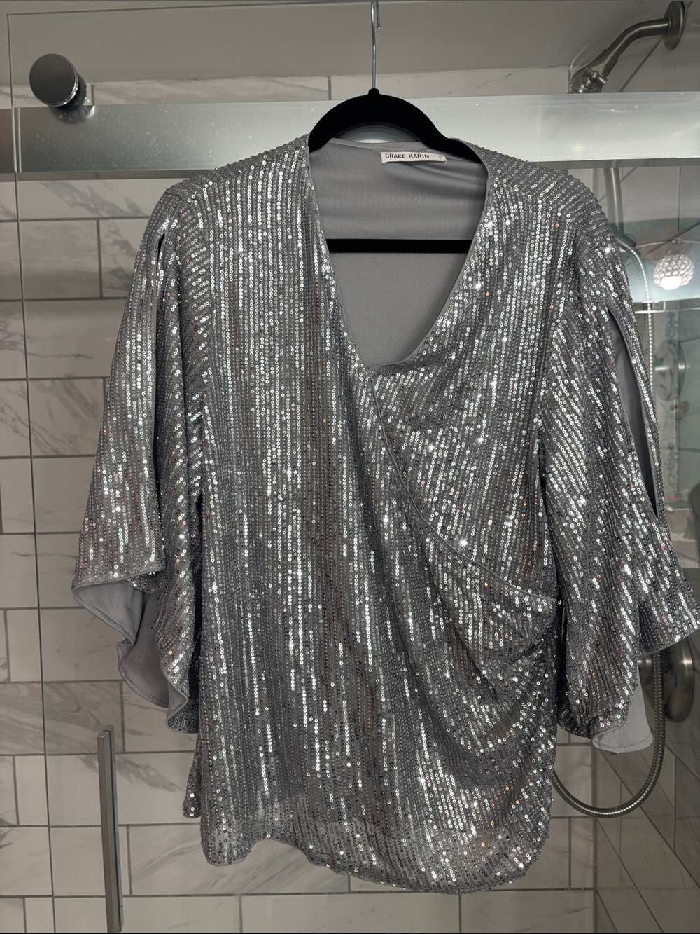 Grace Karin Silver Sequin Draped V-Neck Blouse